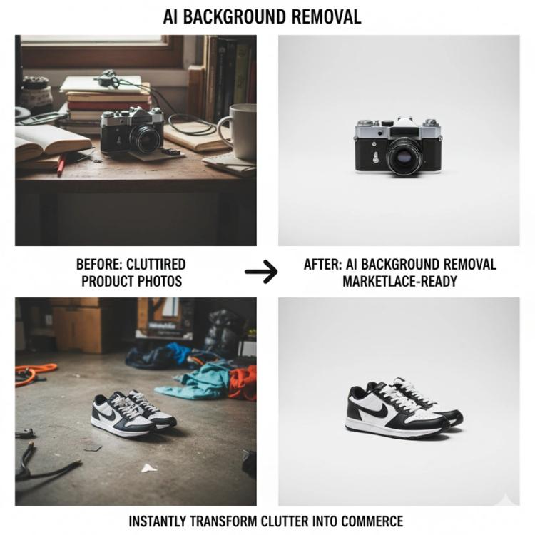 Professional product photography showing before and after background removal with transparent PNG cutout on laptop screen displaying e-commerce editing software interface