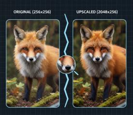 Before and after comparison showing low resolution photo being enhanced to high quality 4K image using AI upscaling technology