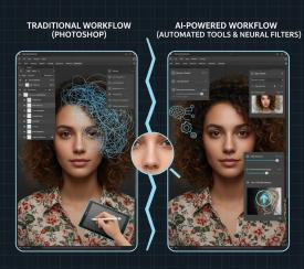 Split screen comparison showing traditional Photoshop editing workflow versus modern AI-powered editing with automated tools and neural filters