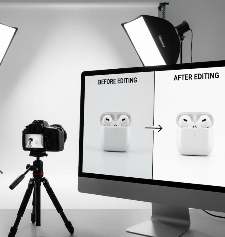 E-commerce product photography setup with professional lighting and editing software showing before and after comparison of product images