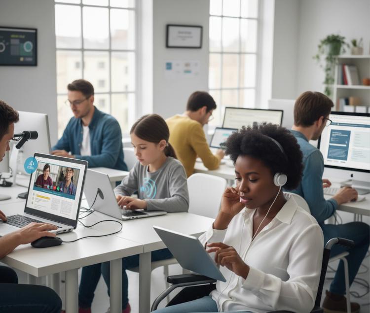 Diverse group of people using assistive technology including text-to-speech on various devices showing inclusive digital accessibility