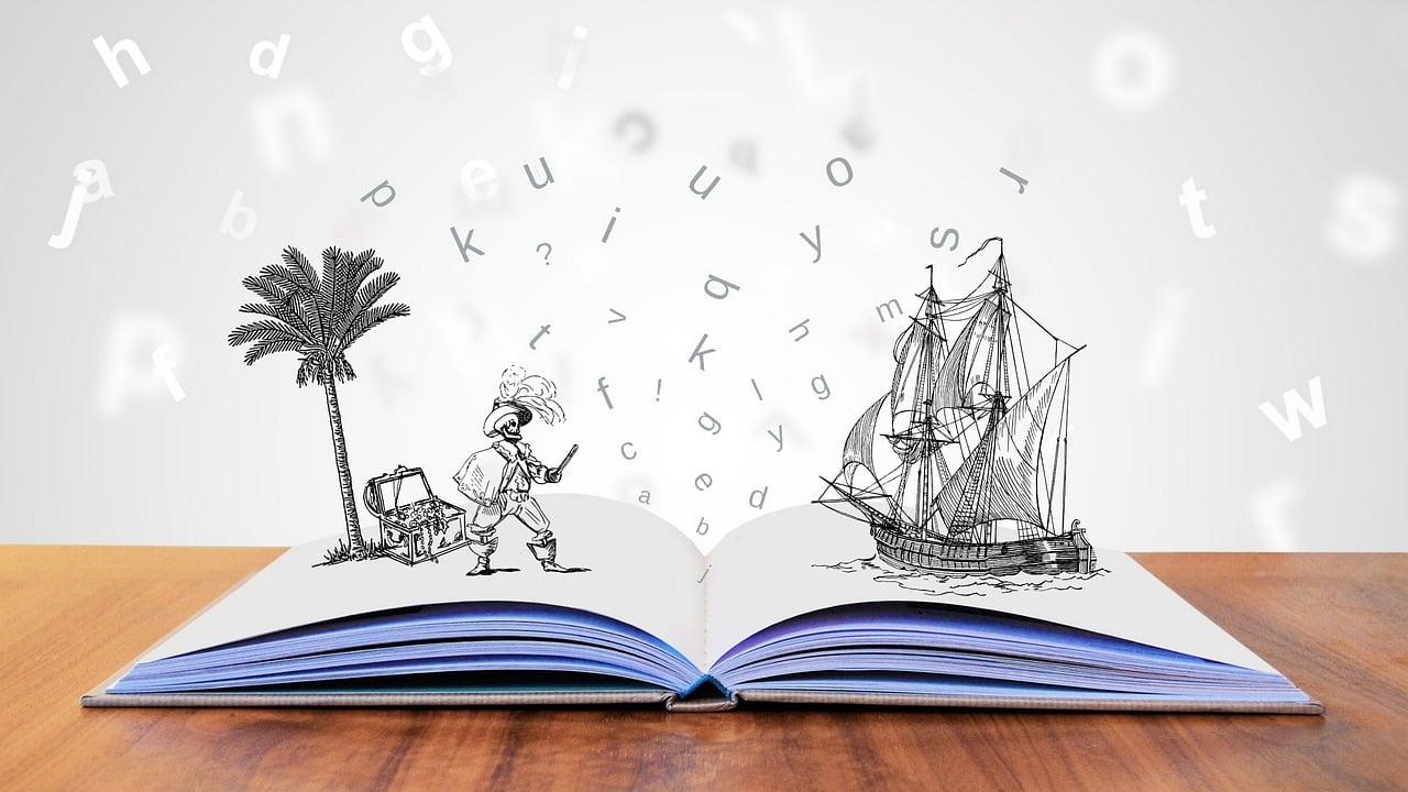 Open book with magical glowing title text capturing a reader's imagination