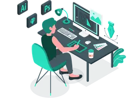 Diseñador trabajando en gráficos profesionales utilizando herramientas de diseño gratuitas en una computadora con paletas de colores, muestras de tipografía y elementos de marca mostrados en la pantalla
