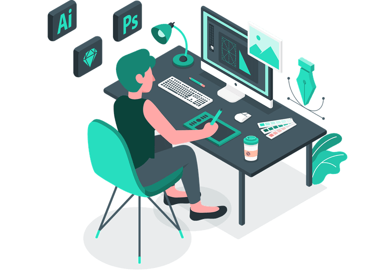 Diseñador trabajando en gráficos profesionales utilizando herramientas de diseño gratuitas en una computadora con paletas de colores, muestras de tipografía y elementos de marca mostrados en la pantalla