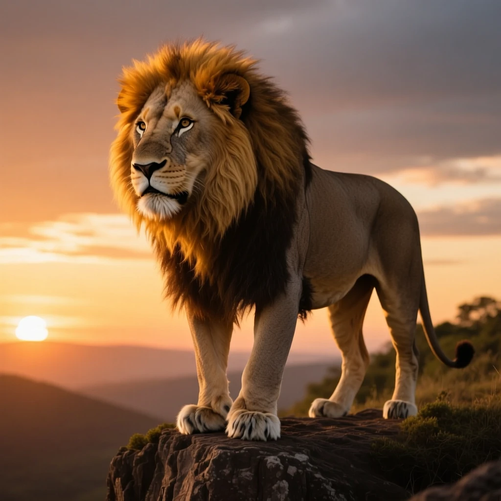 AI-generated image of a majestic lion with golden mane on cliff at sunset