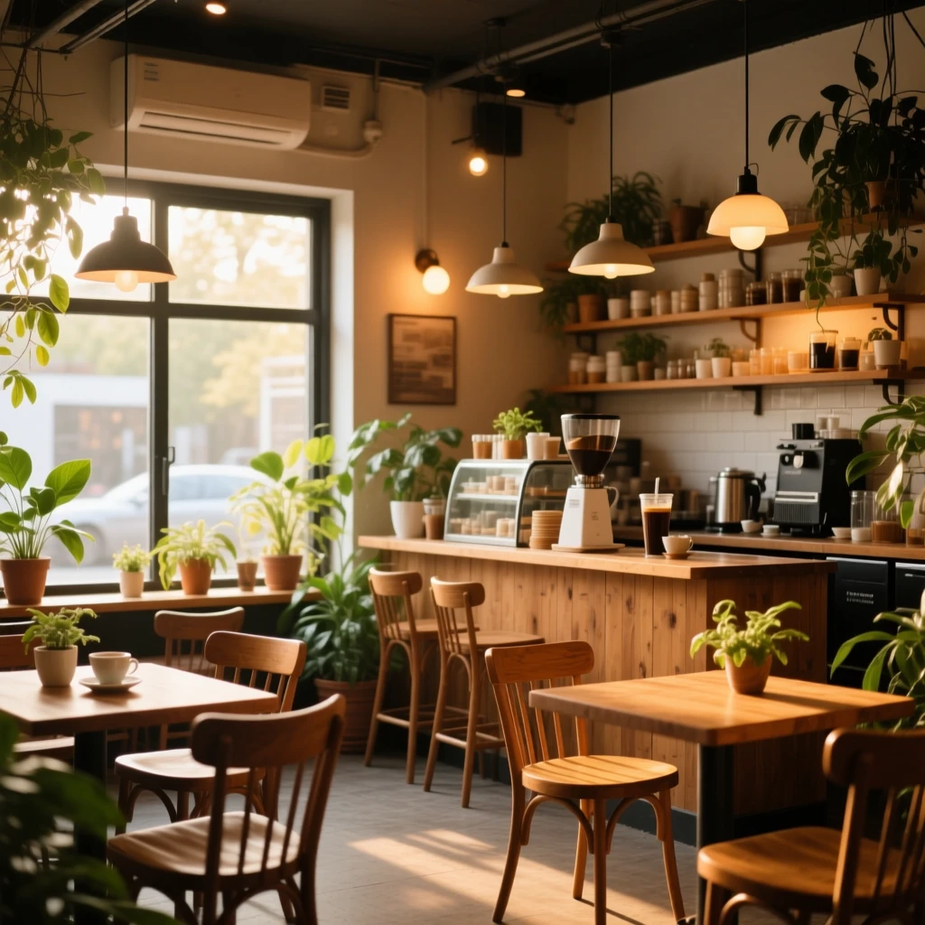 AI-generated cozy coffee shop interior with warm lighting and wooden furniture