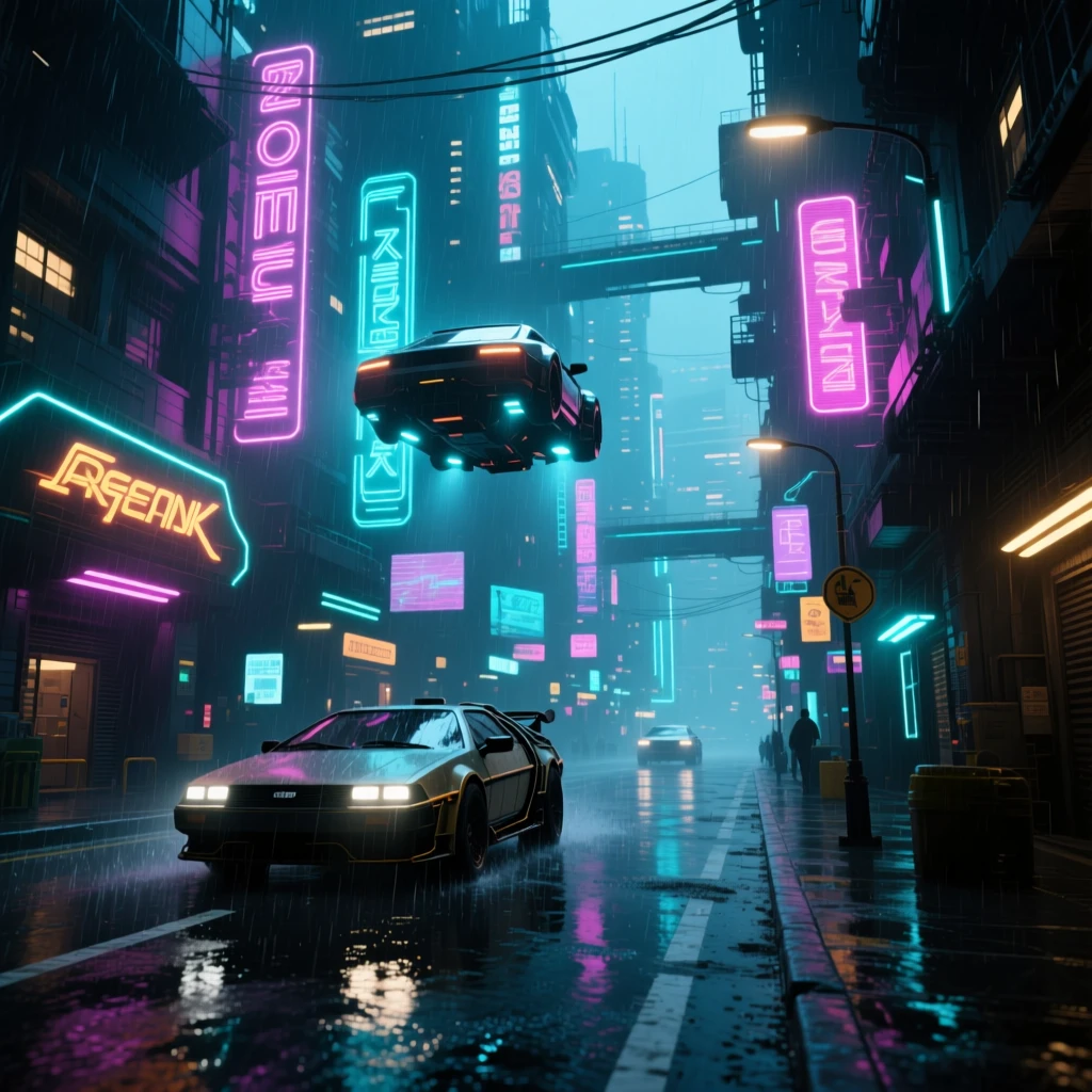 AI-generated cyberpunk city scene with neon lights and flying cars in rain