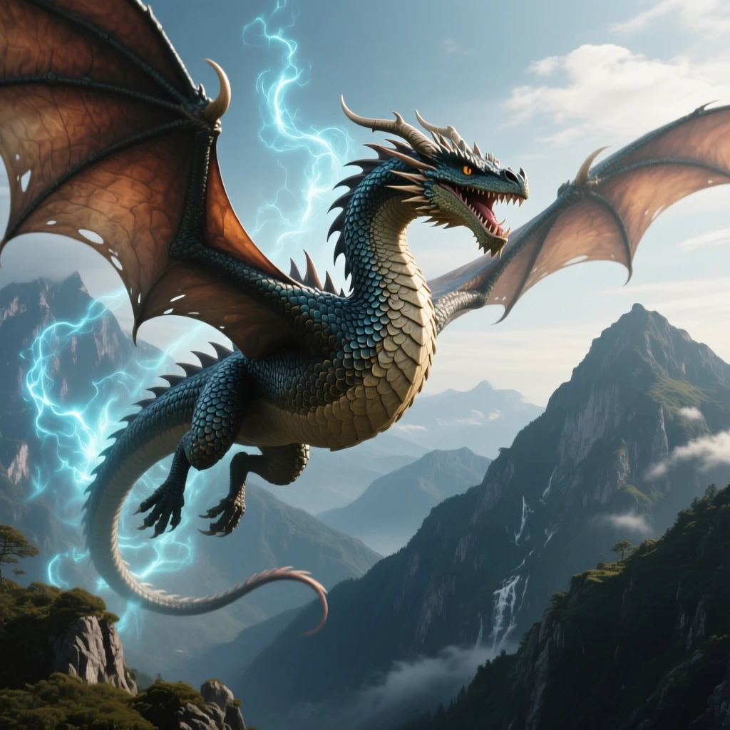 AI-generated fantasy dragon with detailed scales flying over mountains