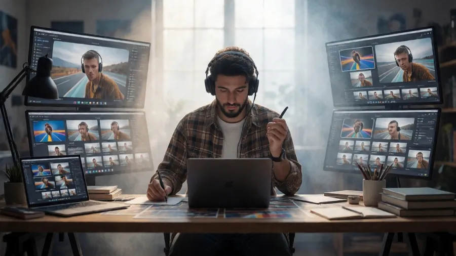 Content creator processing video, audio, and text with multimodal AI tools