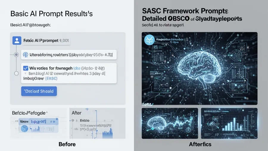 Side by side comparison showing basic prompt result versus detailed SASC framework prompt with dramatic improvement