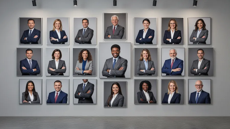 Diverse group of business professionals in corporate attire with professional headshot quality