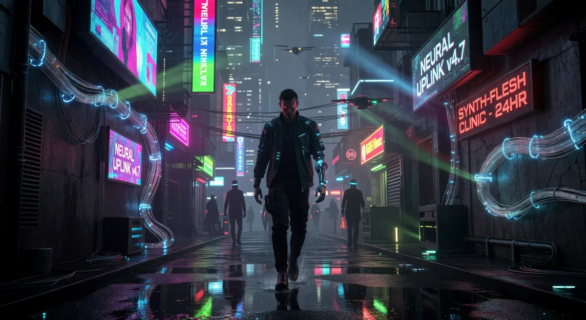 Tech aesthetic street photography with neon glowing elements