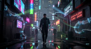 Tech aesthetic street photography with neon glowing elements