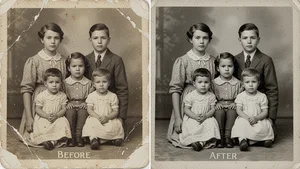 Side-by-side comparison of severely damaged original photo and fully restored version showing remarkable recovery of detail and color