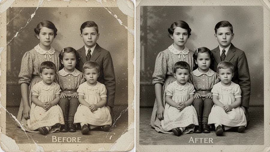 Side-by-side comparison of severely damaged original photo and fully restored version showing remarkable recovery of detail and color