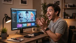 Content creator watching AI animated video results on a monitor in a casual home office with warm lighting