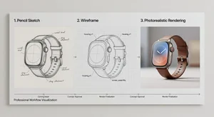 Design presentation showing evolution from pencil sketch to wireframe to photorealistic product rendering