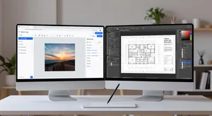 Side by side comparison of free online image editor and professional design software on dual monitors