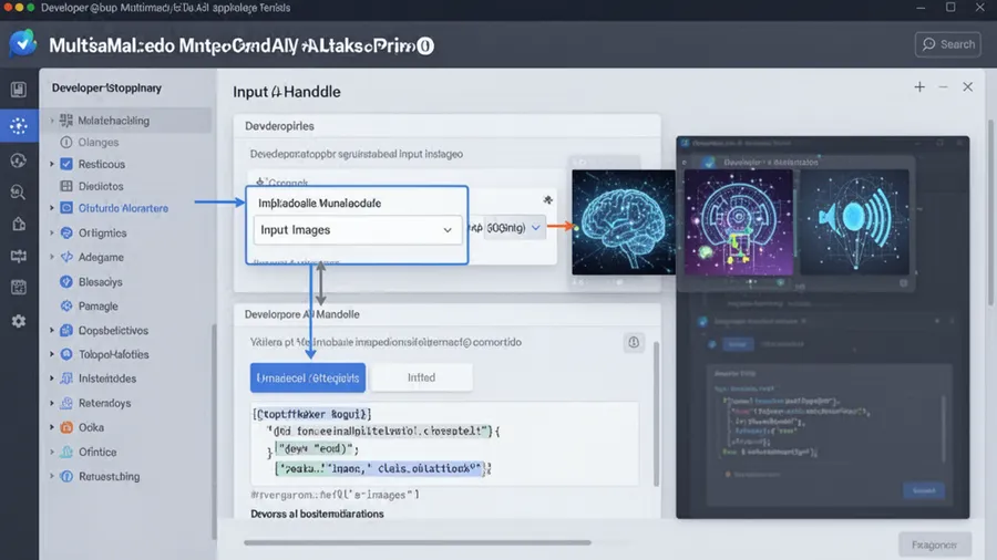 Developer implementing multimodal AI application showing input handling for text, images, and audio with unified processing