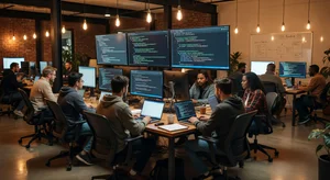 Developers collaborating in a modern workspace with code displayed on multiple monitors
