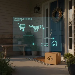 Package delivered to a front doorstep with a digital AI overlay showing the completed autonomous ordering workflow