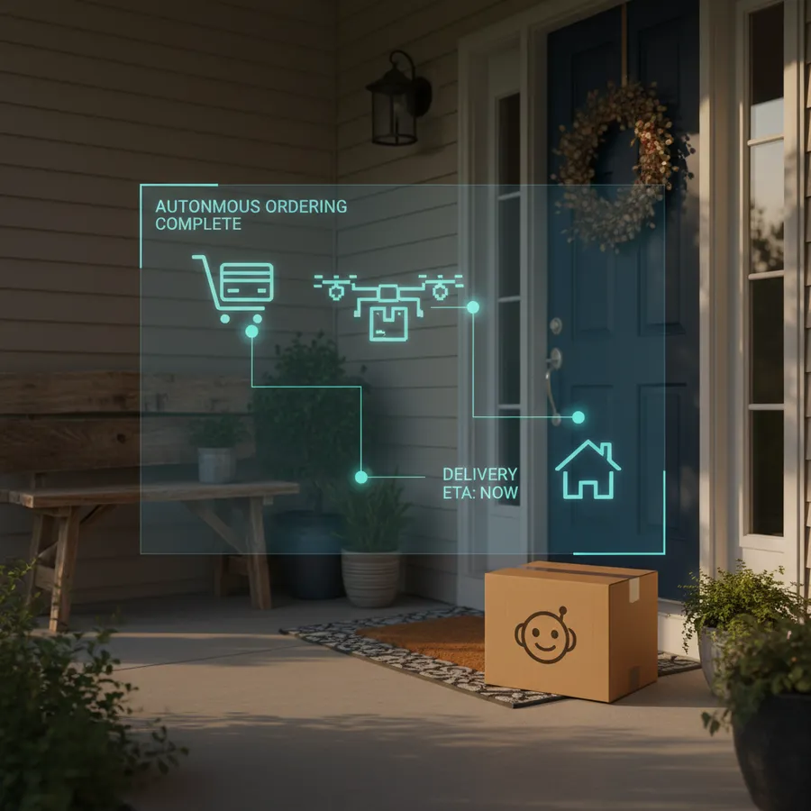 Package delivered to a front doorstep with a digital AI overlay showing the completed autonomous ordering workflow