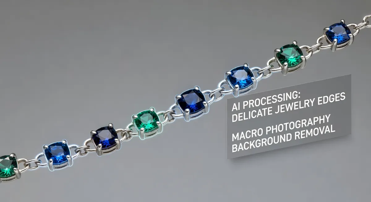 Close up view of fine jewelry chain and gemstone detail showing precision required for jewelry photography background removal process