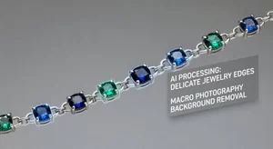 Close up view of fine jewelry chain and gemstone detail showing precision required for jewelry photography background removal process