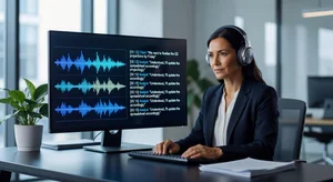 A professional listening to a recorded business call on headphones while a transcription appears on screen in real time, showing clear waveforms and time-stamped text output