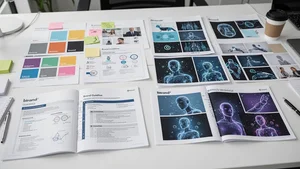A strategic planning workspace showing mood boards, brand guidelines, and examples of both photorealistic and stylized AI images being evaluated for brand fit