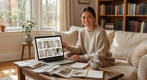 Happy bride confidently choosing wedding dress online from home