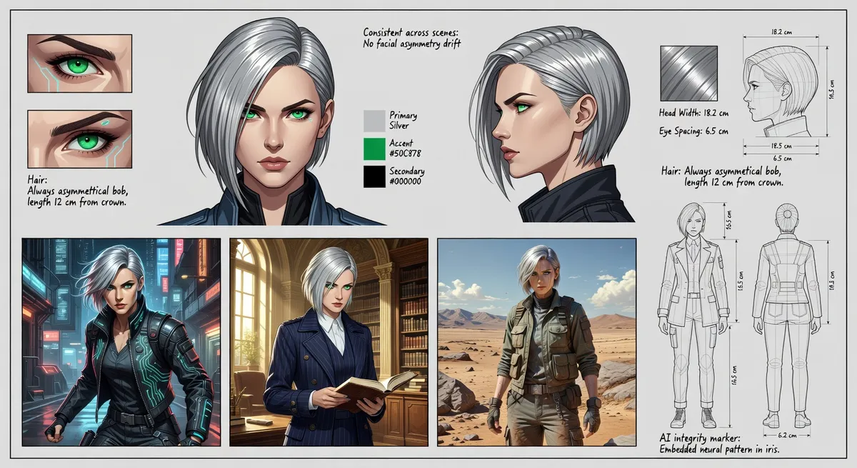 Text prompt examples showing detailed character descriptions that produce consistent results across multiple generations
