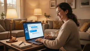 Customer happily using AI chat support on a laptop in a cozy home setting with warm lighting