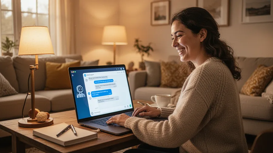Customer happily using AI chat support on a laptop in a cozy home setting with warm lighting