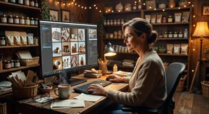 Small business owner editing product photos on laptop with professional results in warm shop workspace