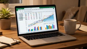 Laptop showing spreadsheet with hashtag performance data and colorful trend graphs