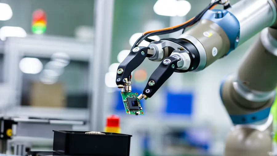 Close up of a humanoid robot hand precisely assembling electronic components with mechanical dexterity