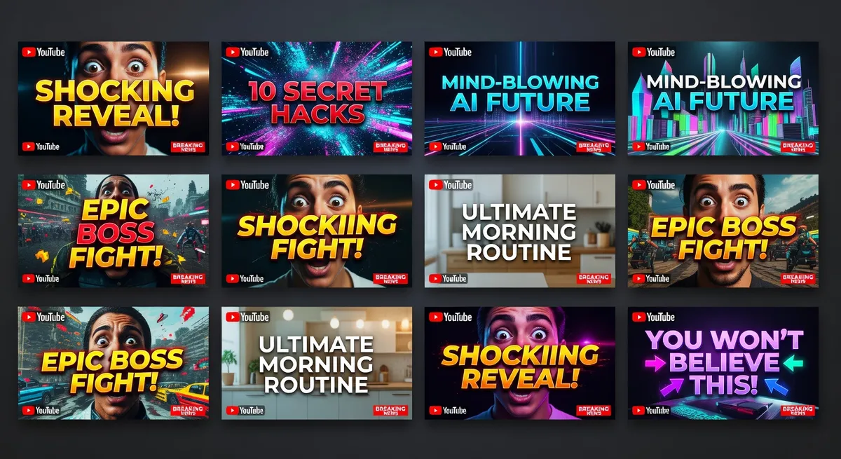 Grid of AI generated YouTube thumbnails with vibrant click worthy designs