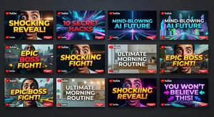 Grid of AI generated YouTube thumbnails with vibrant click worthy designs