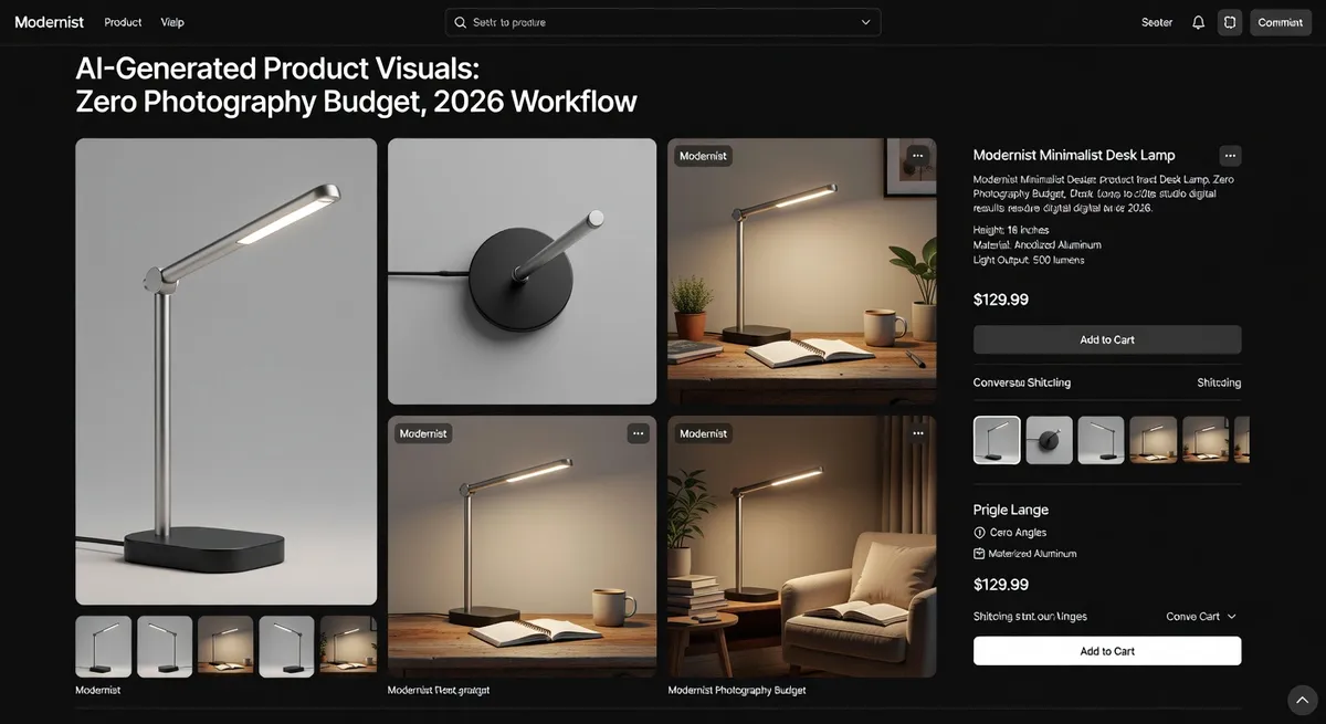 A completed ecommerce product page mockup showing professional-quality product images across multiple angles and lifestyle contexts, all produced using the AI tool workflow described, representing what's achievable with zero photography budget in 2026