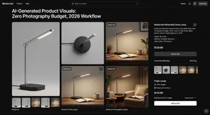 A completed ecommerce product page mockup showing professional-quality product images across multiple angles and lifestyle contexts, all produced using the AI tool workflow described, representing what's achievable with zero photography budget in 2026