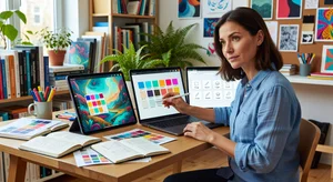 Designer working with photo editing tools on tablet, comparing before and after image results, creative studio workspace