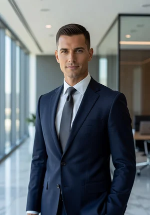 Professional man comparing business and casual hairstyles in modern setting