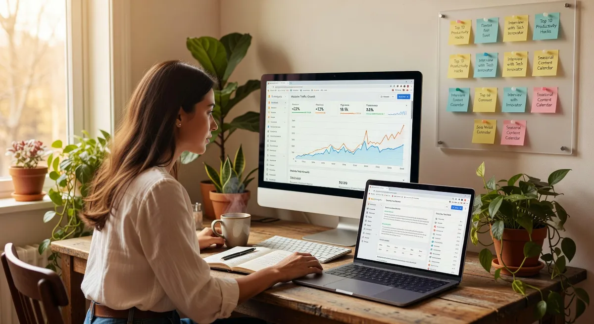 Analytics dashboard showing growing website traffic alongside a content ideas board with planned posts and topics