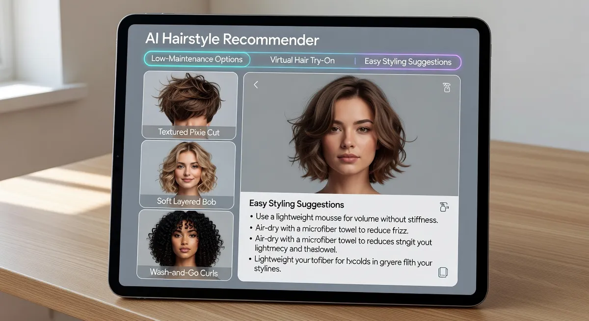 AI hairstyle app showing low-maintenance cut recommendations