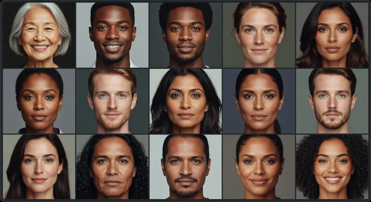 Grid of portrait photos showing diverse ethnicities and skin tones all enhanced with inclusive AI filters that preserve natural beauty