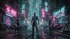 Portrait of a person with neon pink and cyan lighting creating dramatic cyberpunk aesthetic with rain effects