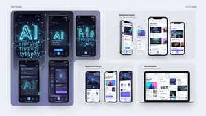UI/UX design mockups with AI typography integration in mobile app interfaces