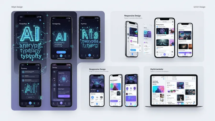 UI/UX design mockups with AI typography integration in mobile app interfaces