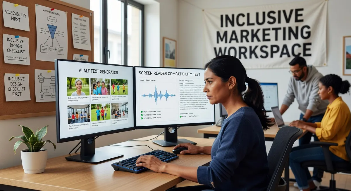 Digital marketer using AI alt text generator for website images, screen reader compatibility testing, inclusive marketing workspace